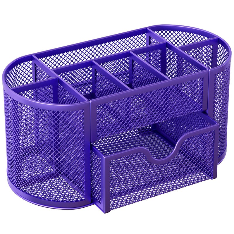 EasyPAG Mesh Pen Holder Desk Organizer with Drawer Stationery Supplies Organizer for Dorm School 9 Compartments Workspace Desk Accessories Organization for Office, Purple - Image 2